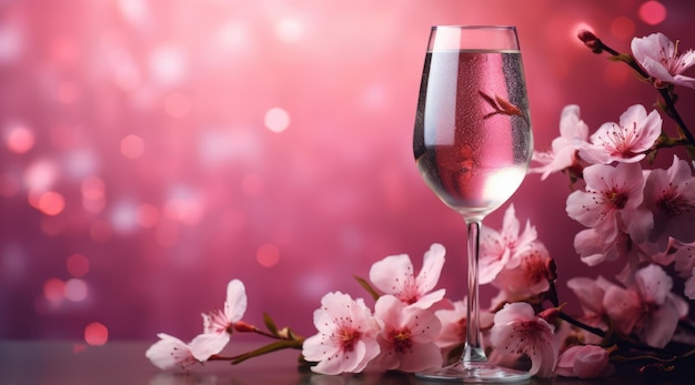 Ilustração de um copo de vinho com flores cor-de-rosa em uma mesa