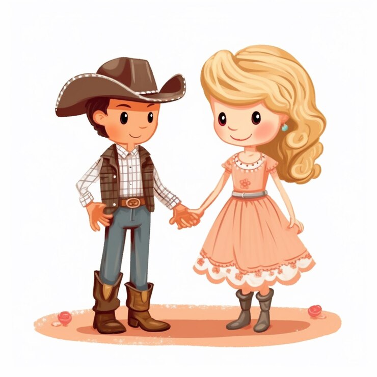 Foto ilustração de um cowboy e uma menina de mãos dadas