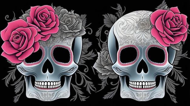 Ilustração de um crânio de açúcar feminino decorado dia de Muertos com fundo de flores