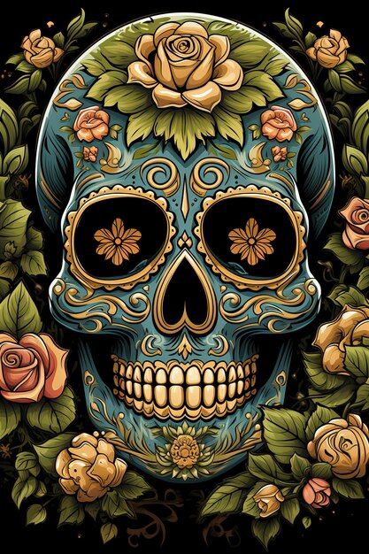 Ilustração de um crânio ou crânio humano com decorações florais coloridas em fundo preto