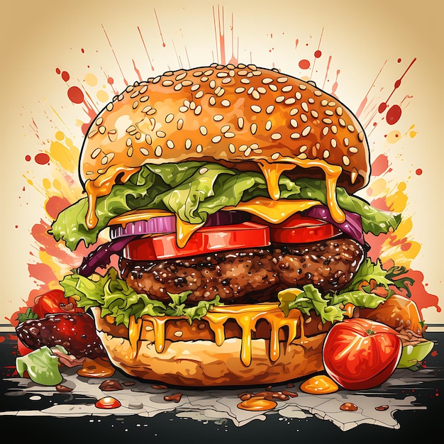 ilustração de um delicioso cheeseburger de bacon no estilo de banksy colorido