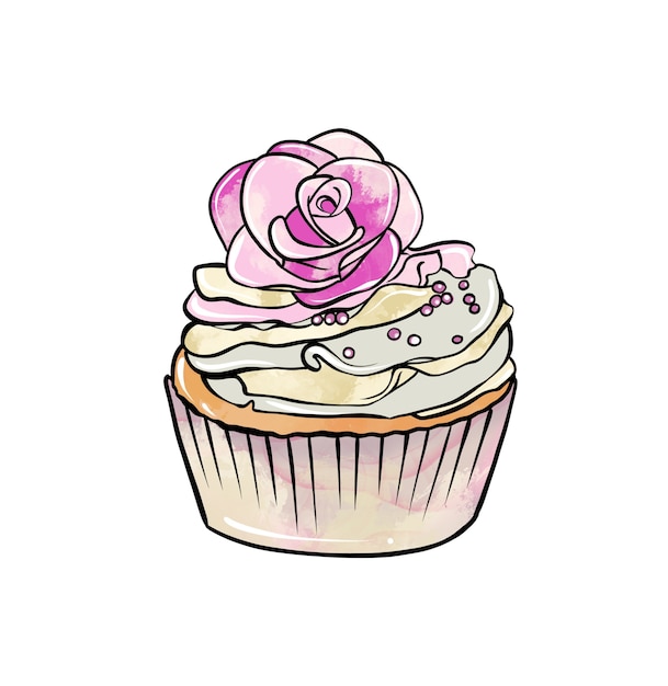 Ilustração de um desenho colorido de bolinho de doces com creme e decorado com flores em um branco