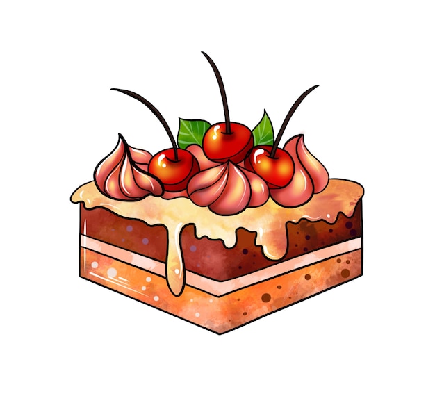 Ilustração de um desenho colorido de doces laranja marrom bolo quadrado coberto com creme e decorado