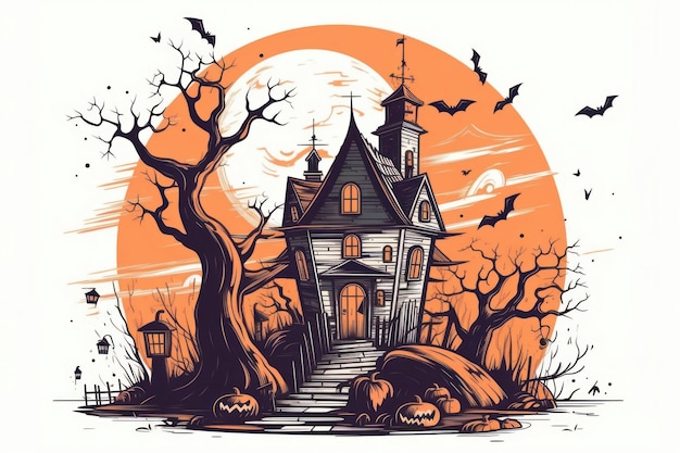 Ilustração de um desenho de uma casa do terror para o Halloween com um fundo branco