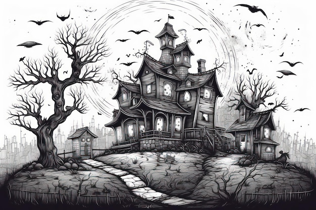 Ilustração de um desenho de uma casa do terror para o Halloween com um fundo branco