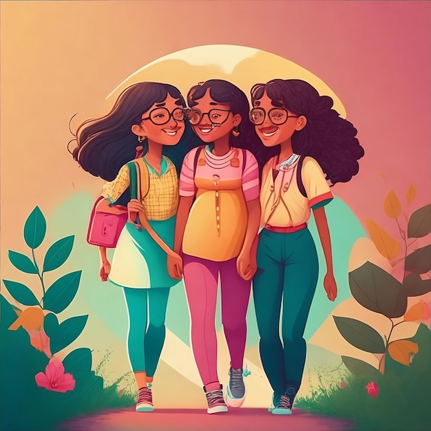 Ilustração de um dia de amizade abstrato com três meninas na natureza por generative ai