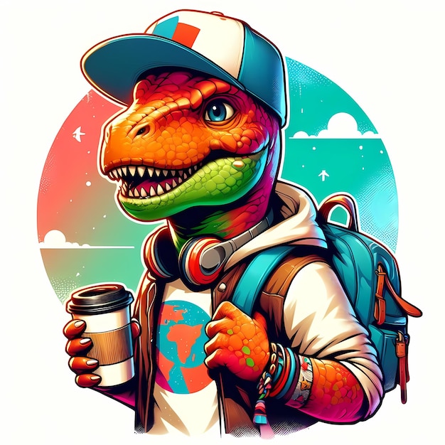 ilustração de um dinossauro com um chapéu e um boné segurando uma chávena de café