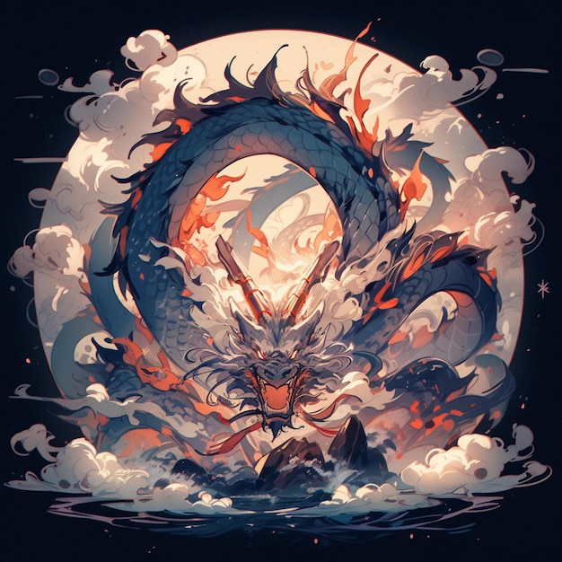 Ilustração de um dragão com uma longa cauda no meio de um círculo generativo ai