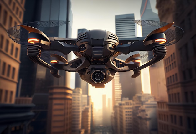 Ilustração de um drone policial voando no fundo de um edifício da cidade