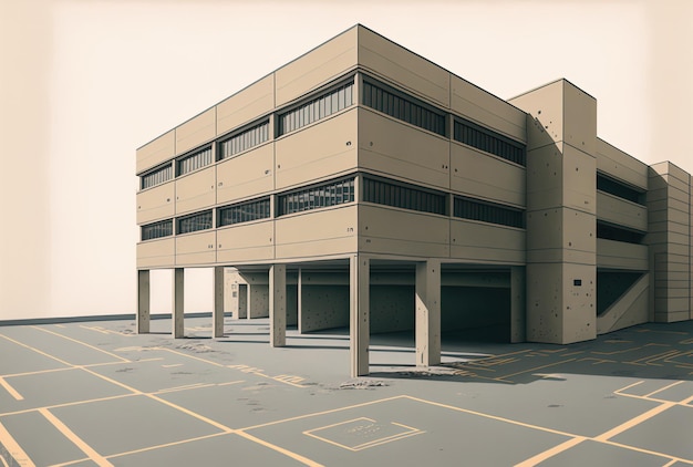 Ilustração de um edifício de concreto com um estacionamento e um piso de cimento vazio