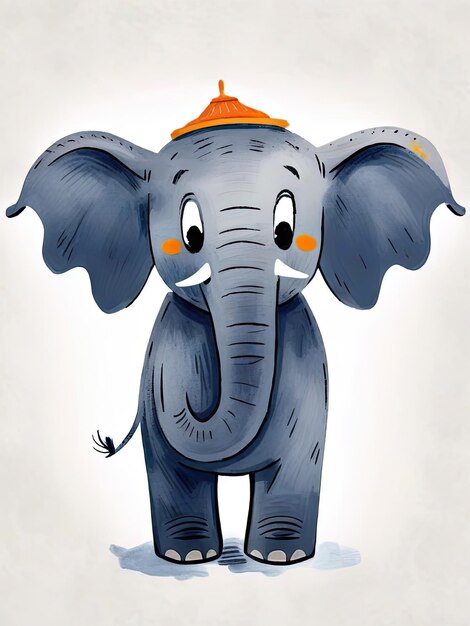 Ilustração de um elefante de desenho animado bonito com um pequeno chapéu laranja de pé e sorrindo