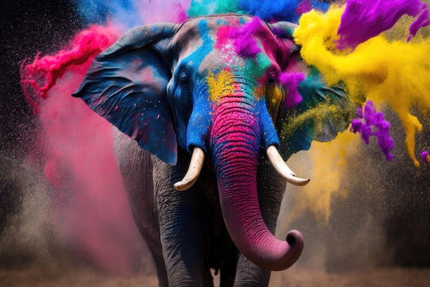 Ilustração de um elefante em um fundo colorido conceito de festival Holi geração AI