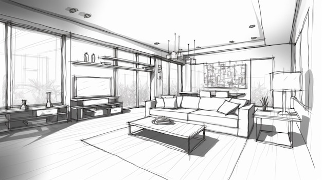 Foto ilustração de um esboço de contorno de um interior 3d desenho gráfico interior