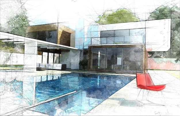 Ilustração de um exterior de casa luxuosa com piscina