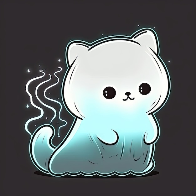 Ilustração de um fantasma de gato fofo e amigável em um fundo preto Bandeira feliz de Halloween Generative AI