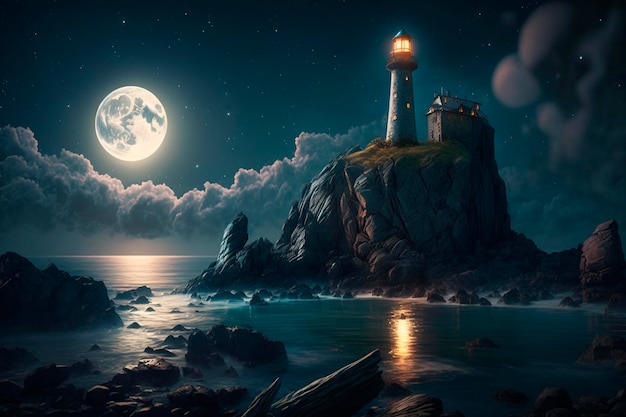 Ilustração de um farol na costa à noite com lua e reflexão AI gerada