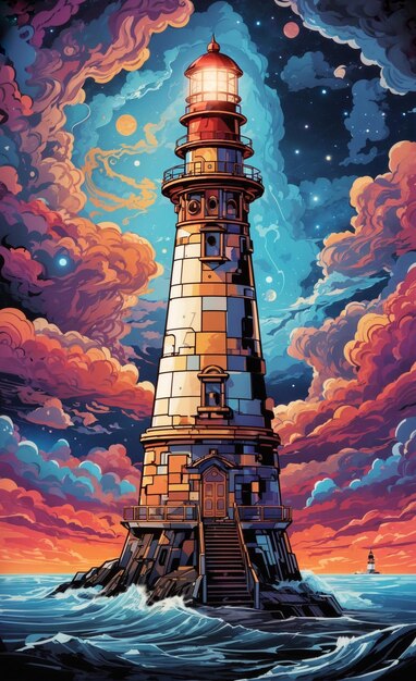 Ilustração de um farol no meio de um mar de céu estrelado e nuvens coloridas 10