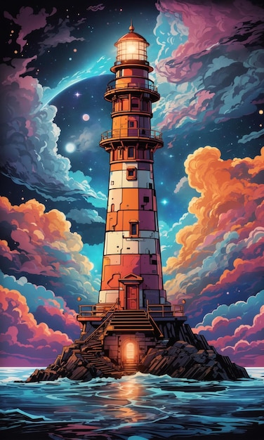 Ilustração de um farol no meio de um mar de céu estrelado e nuvens coloridas 12