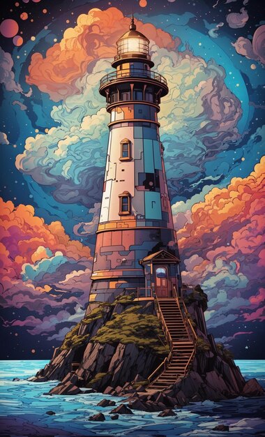 Ilustração de um farol no meio de um mar de céu estrelado e nuvens coloridas 9