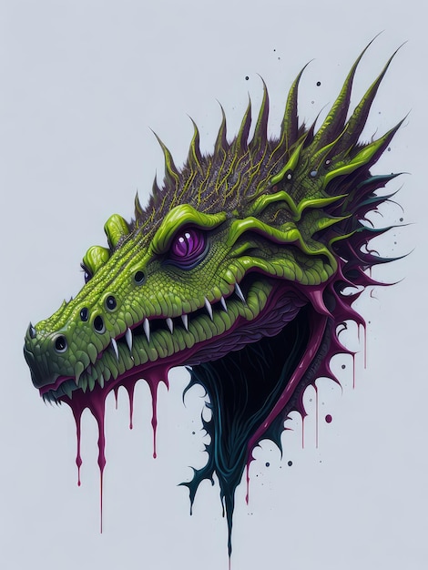 Ilustração de um feroz dragão verde com a boca aberta criada com a tecnologia Generative AI