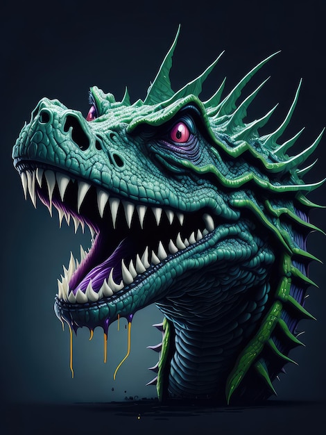 Ilustração de um feroz dragão verde com a boca aberta criada com a tecnologia Generative AI