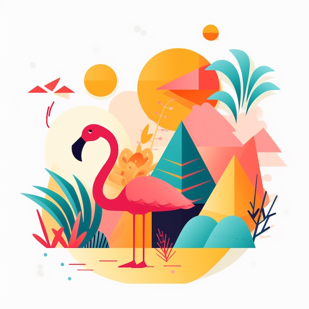 Foto ilustração de um flamingo com um abacaxi na cabeça