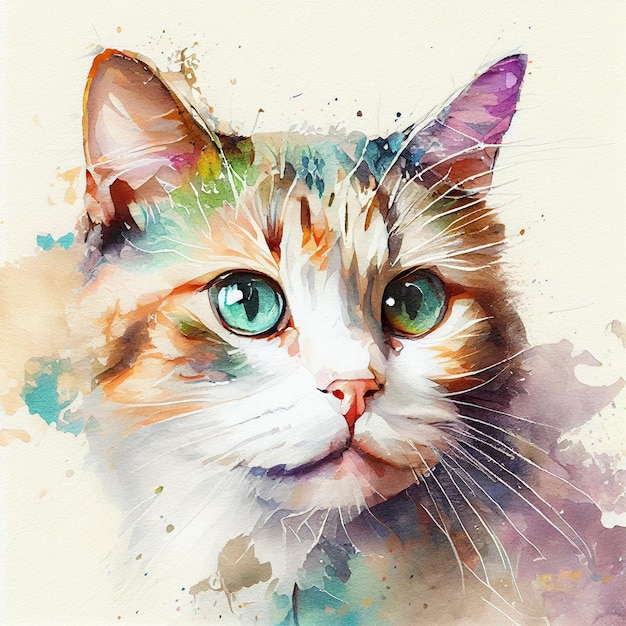 Ilustração de um gato bonito pintado com cor de água