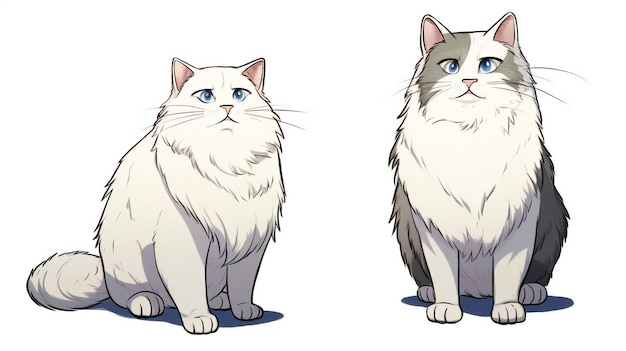 Ilustração de um gato branco com olhos azuis sentado sobre um fundo branco