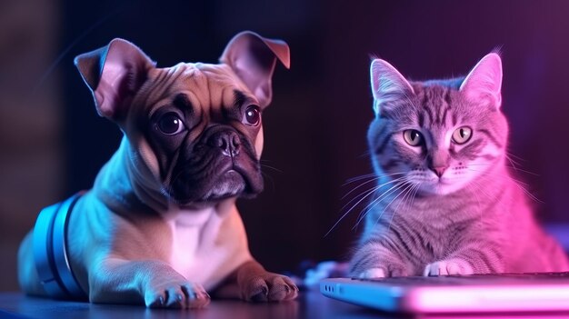 Ilustração de um gato e um cachorro perto de um laptop