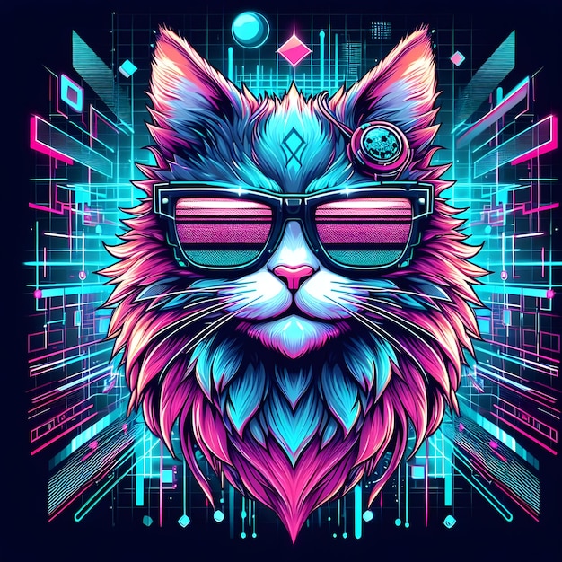 Ilustração de um gato em estilo anime futurista e elegante Use óculos de sol