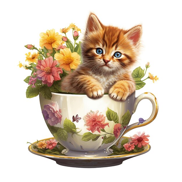 Ilustração de um gato em um copo com flores em fundo branco Generative Ai