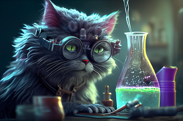 Ilustração de um gato fofo conduzindo um experimento químico no laboratório AI