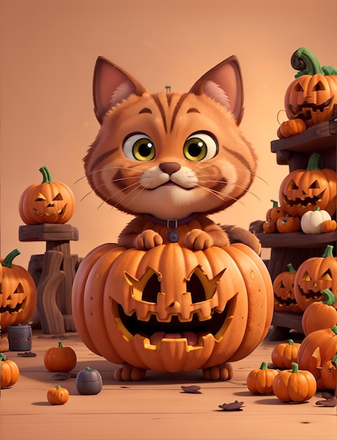 Ilustração de um gato marrom curtindo o Halloween