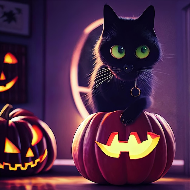 Ilustração de um gato preto de halloween fofo com ilustração animada de gato preto de abóbora malvada