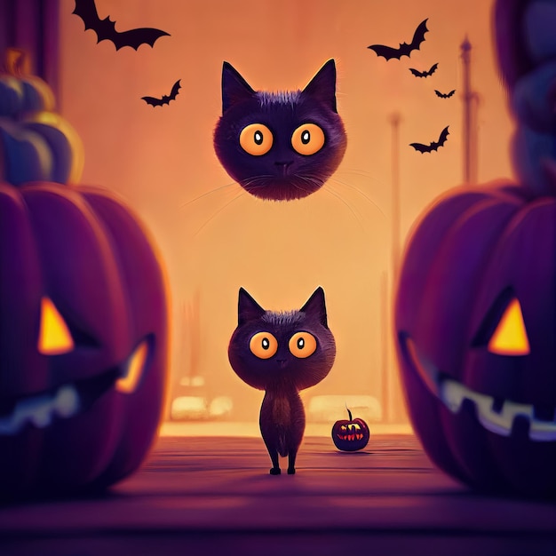 Ilustração de um gato preto de halloween fofo com ilustração animada de gato preto de abóbora malvada