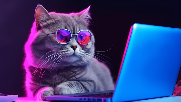 Ilustração de um gato usando óculos sentado na frente de um laptop