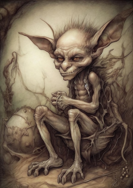 Ilustração de um Goblin em um cenário fictício para quadro Arte conceitual de personagem de fantasia