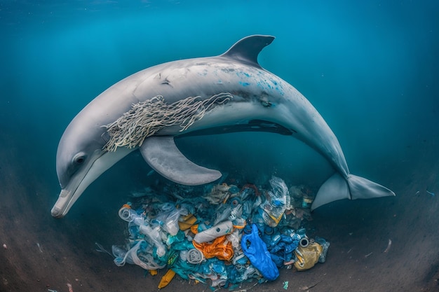 Foto ilustração de um golfinho ferido lutando para sobreviver perto de um monte de lixo