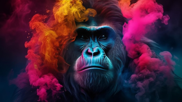 Ilustração de um gorila com fumaça colorida abstrata