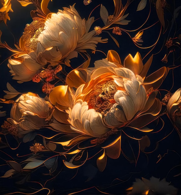 Ilustração de um gracioso buquê de flores de peônia em um fundo escuro