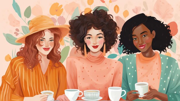 ilustração de um grupo de belas mulheres jovens com xícaras de café, chá ou café