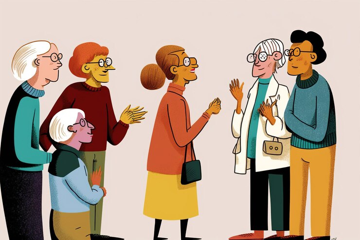 Foto ilustração de um grupo de idosos conversando entre si