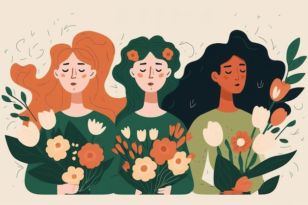 Ilustração de um grupo de mulheres em diferentes tons de pele rodeados por flores o conceito de primavera e dia da mulher Generative ai