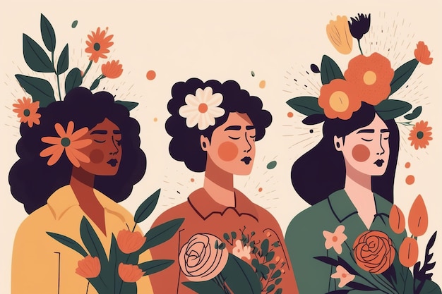 Ilustração de um grupo de mulheres em diferentes tons de pele rodeados por flores o conceito de primavera e dia da mulher Generative ai