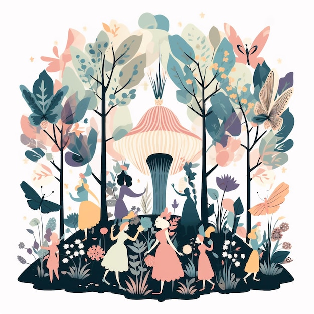Ilustração de um grupo de pessoas em uma floresta com um ai generativo de cogumelo