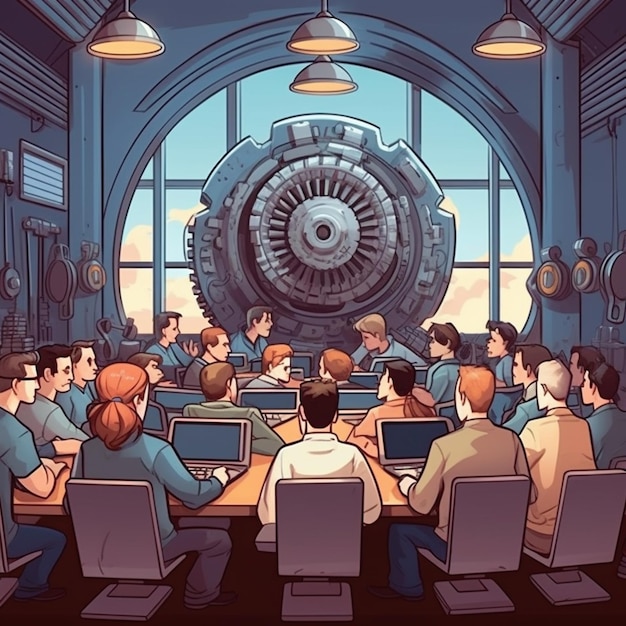 Ilustração de um grupo de pessoas sentadas ao redor de uma mesa em uma sala generativa ai
