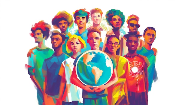 Ilustração de um grupo diverso de pessoas unidas em torno de um globo