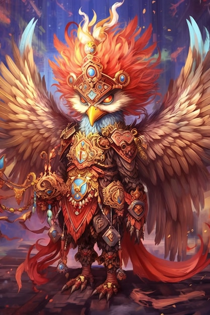 Ilustração de um guerreiro de fantasia com asas e fogo ao fundo