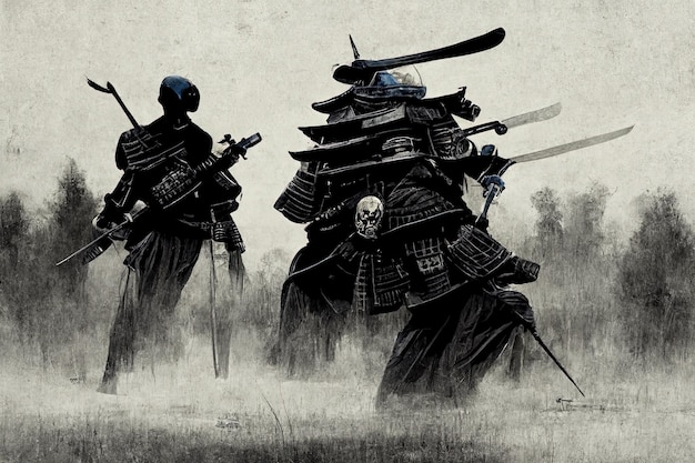 Ilustração de um guerreiro fantasma samurai em armadura pesada Personagem de fantasia de samurai Ronin Generative Ai