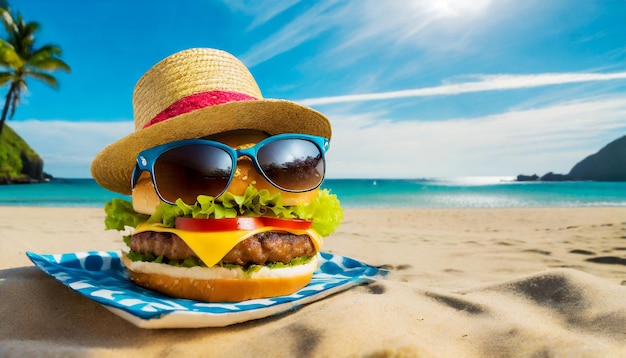 ilustração de um hambúrguer vestindo óculos e um chapéu de sol na praia